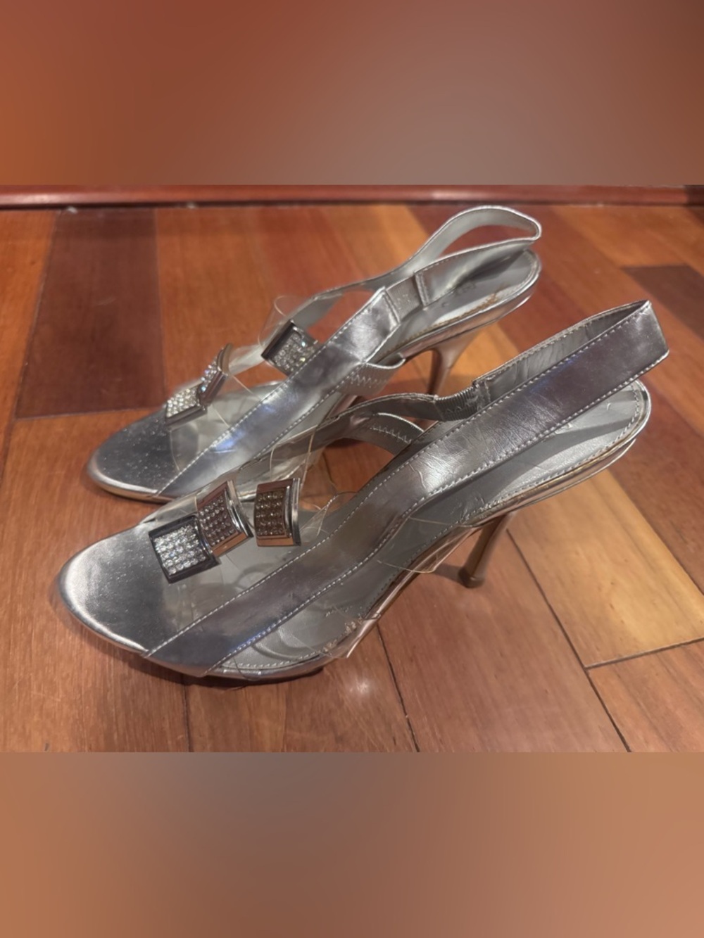 Silver Crystal-Embellished Slingback Heels